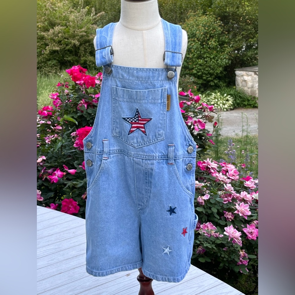Denim Republic Girls Shortalls Size 10/12 red/white/blue stars Fourth of July